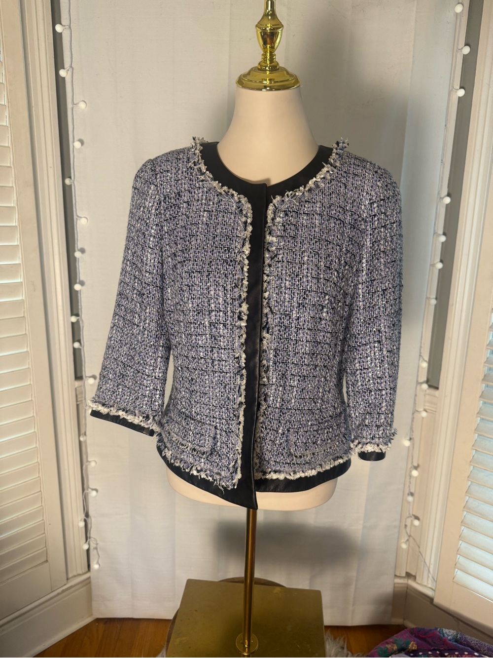 Lafayette 148 New York Size 8 Tweed Leather Trim Fringe Jacket Blue